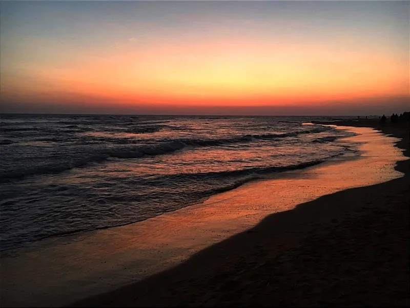 Beach at dusk with orange light on wet sand
